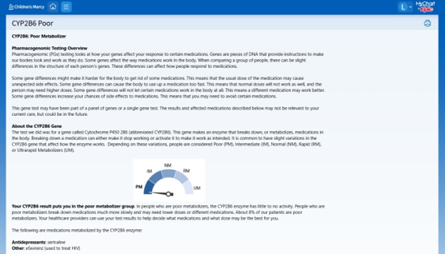 MyChart page displaying CYP2B6 Poor Metabolizer information, including an overview of pharmacogenomic testing, details about the CYP2B6 gene, a metabolizer activity gauge, and a list of medications metabolized by the enzyme.