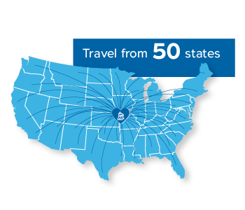 An image of the continental U.S. with a heart over Kansas City and text reading "travel from 50 states"