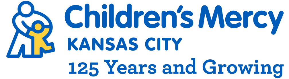 Children's Mercy Kansas City logo. Includes adult with dancing child icon and the words, "125 years and growing."