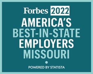 Teal and white logo that reads: Forbes 2022 America's Best-In-State-Employers Missouri Powered by Statista.
