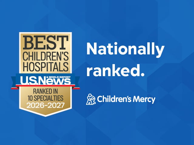 U.S. News & World Report Best Children's Hospitals 2026–2027 badge showing Children’s Mercy ranked in 10 specialties, alongside the text “Nationally ranked.” on a blue background.