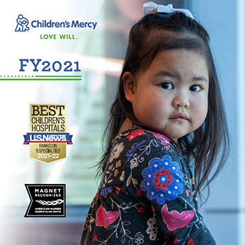 Cover of the Fast Fact FY 2021 PDF. There is a young girl with two award badges: U.S. News World & Report for Best Children's Hospitals and American Nurses Credentialing Center for Magnet Recognized.