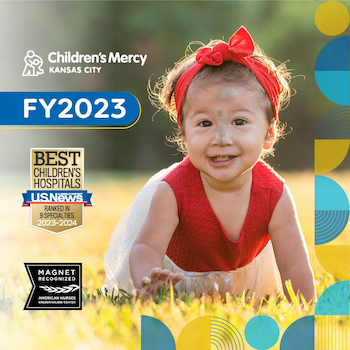 Cover of the Fast Fact FY 2022 PDF. There is a young patient smiling with two award badges: U.S. News World & Report for Best Children's Hospitals and American Nurses Credentialing Center for Magnet Recognized.