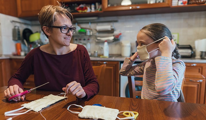 Mom and daughter crafting face masks