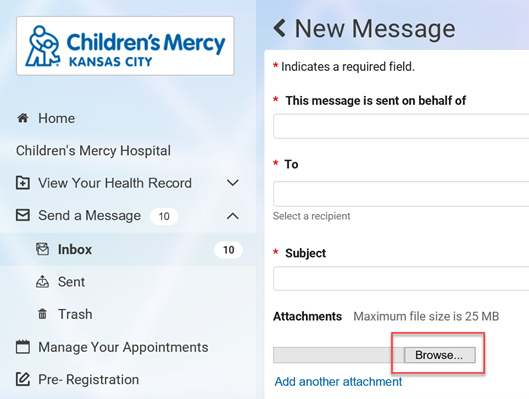 Screenshot of how to attach a document in the Patient Portal.