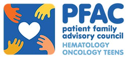 Graphic of four hands reaching for a heart and the words: PFAC patient family advisory council HEMATOLOGY ONCOLOGY TEENS
