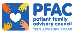 Graphic of four hands reaching for a heart and the words: PFAC patient family advisory council TEEN ADVISORY BOARD