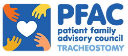 Graphic of four hands reaching for a heart and the words: PFAC patient family advisory council TRACHEOSTOMY