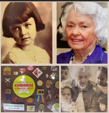 A photo collage showing Mary Shaw "Shawsie" Branton, as a young girl and volunteering at Children's Mercy when older.