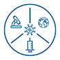 Emerging Infections icon: microscope, hypodermic needle and globe surrounding a microbe.