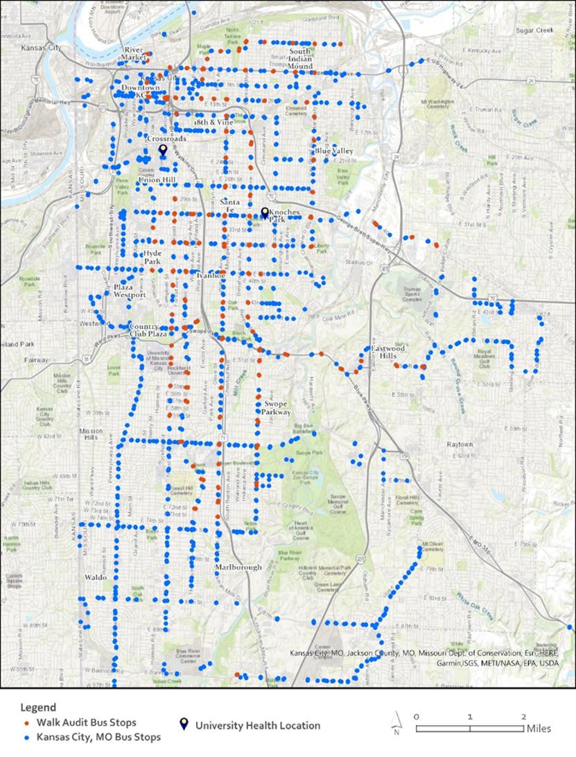 Study map showing all bus stops in KCMO and bus stops that were audited for the study by 25 community members. The map shows roads with blue and red dots over certain roads. 