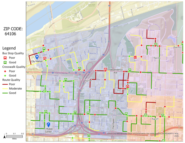 Maps for decision makers created in partnership with community members to show streetscape conditions around the audited bus stops
