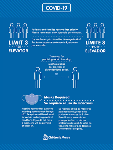 "Thank you for practicing social distancing" sign with information in English and Spanish reminding visitors that only 3 people per elevator and masks required