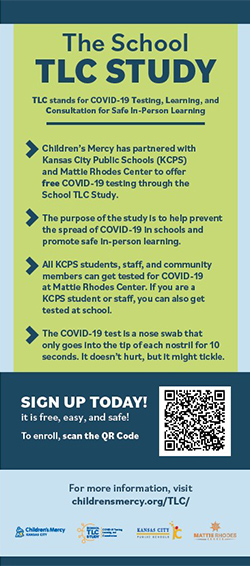 Small image of a palm card with the top reading: The School TLC Study, TLC stands for COVID-19 Testing, Learning, and Consultation for Safe-In-Person Learning 
