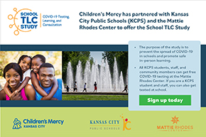Small image of a web banner with the top reading:  Children’s Mercy has partnered with Kansas City Public Schools (KCPS) and the Mattie Rhodes Center to offer the School TLC Study.