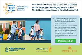 Small image of a web banner with the top reading: El Children’s Mercy se ha asociado con el Distrito Escolar de KC (KCPS en inglés) y el Centro de Mattie Rhodes para ofrecer el Estudio Escolar TLC.