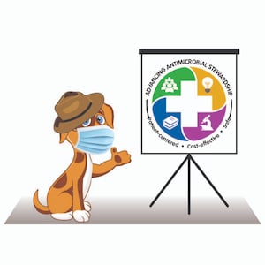 An animated dog wearing a mask and a a brown hat points to the Advancing Antimicrobial Stewardship logo