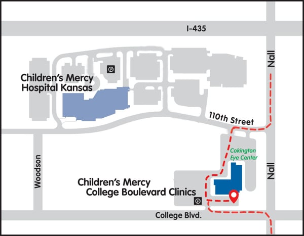 Map showing the College Blvd Clinic (red pin) across from the hospital, route highlighted to clinic entrance.
